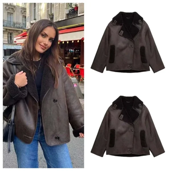 Casual Streetwear Women Leather Jackets Coffee Color Long Sleeve Plush Jacket Coats Thick Pullover Leather Outerwear Dance
