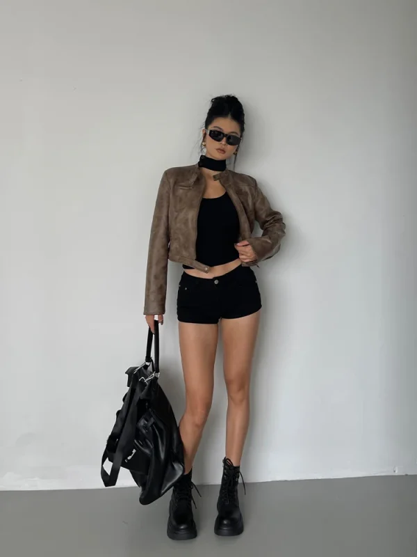 WOMENGAGA Stand Collar Jacket Leather Short Coat Women Autumn New Straight Tube Slim Short Motorcycle Jacket Korean Sweet D8FN