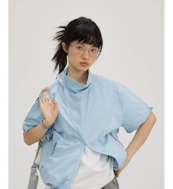 Sunscreen Jacket Fashion Simple Short Sleeve Korean Preppy Style Solid Safari Style Women Coat Top