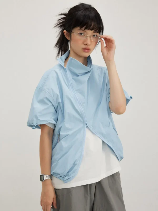 Sunscreen Jacket Fashion Simple Short Sleeve Korean Preppy Style Solid Safari Style Women Coat Top